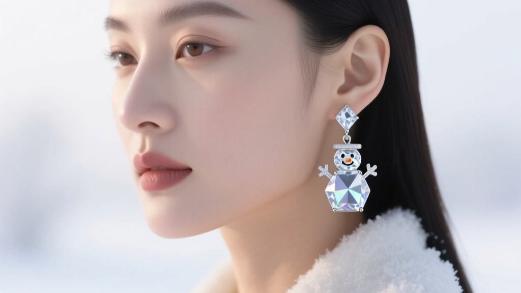 Profile of a woman wearing geometric frosted rock crystal snowman drop earrings, highlighting the jawline in soft winter light.