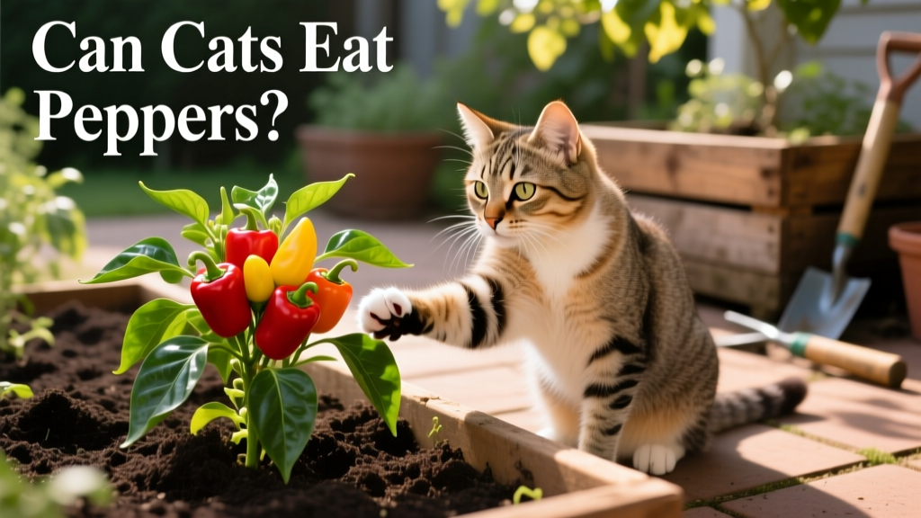 a cat reaching a paw toward pepper plants growing in soil