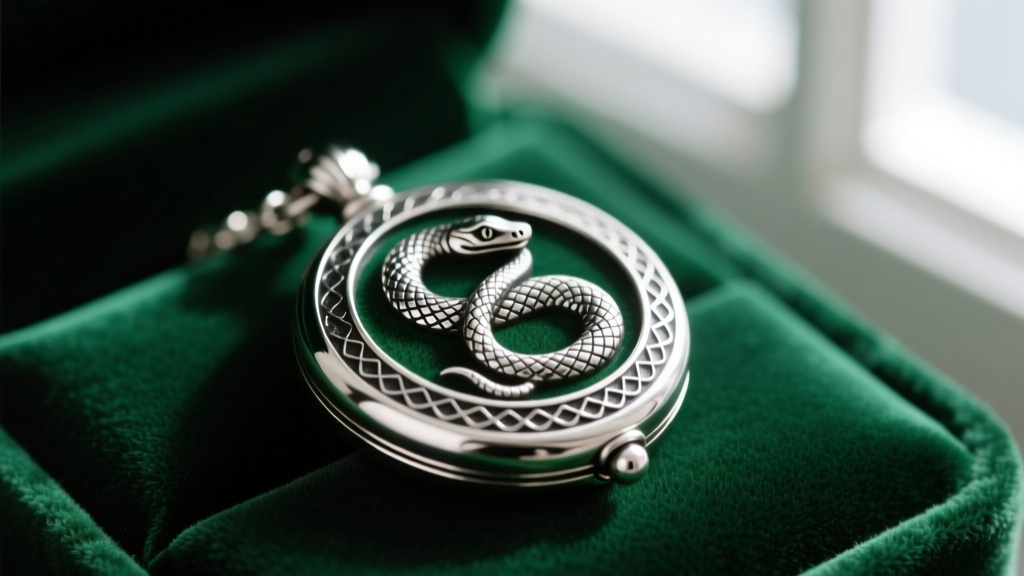 Macro shot of a sterling silver Slytherin locket replica on emerald velvet, showing intricate snake engraving and dark patina.