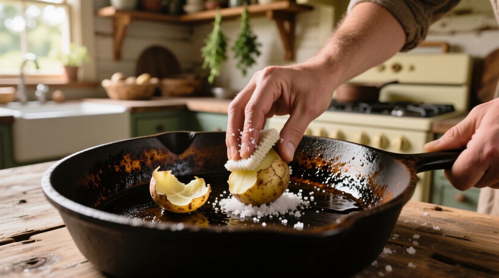 eco friendly cast iron cleaning with potato skins