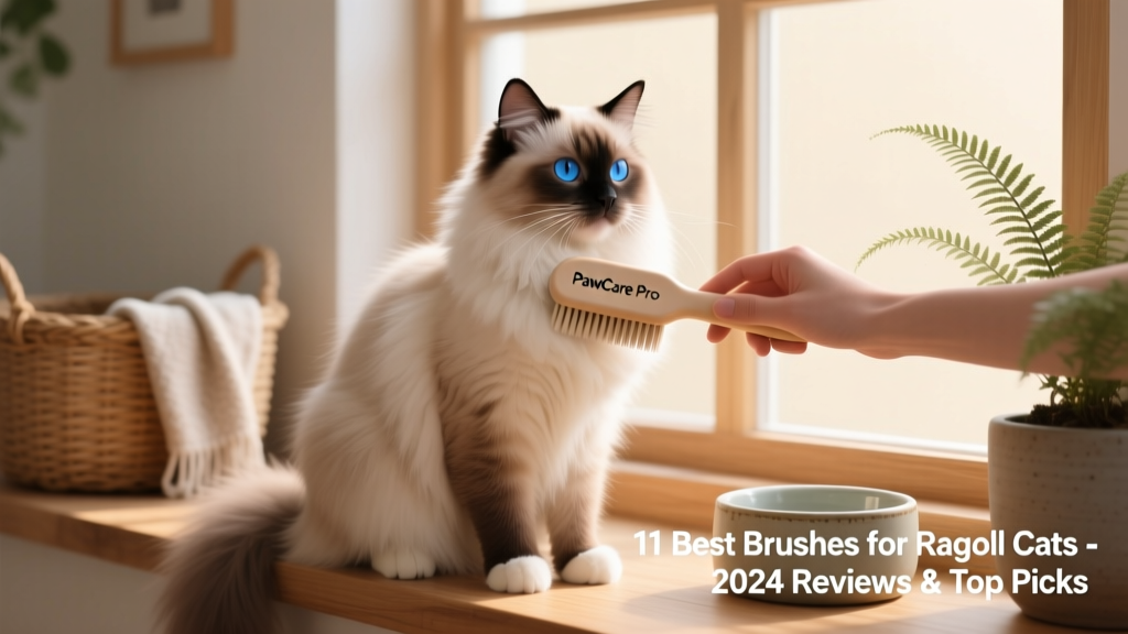 A Ragdoll cat sitting calmly while being gently brushed with a soft-bristled tool