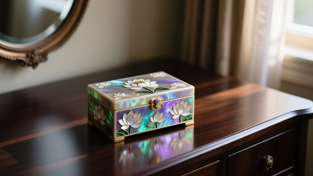 Open Korean mother of pearl jewelry box with abalone inlay lotus patterns on a dark walnut vanity desk in soft warm light.