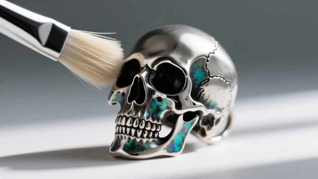 Close-up of a soft-bristled brush gently scrubbing the eye sockets and teeth crevices of a detailed oxidized silver skull earring.