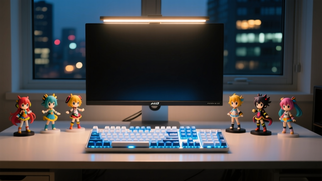 Monitor light bar casting a warm glow over an anime figurine collection and mechanical keyboard during a late-night gaming session.