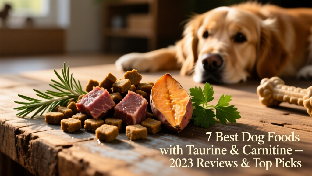 Close-up of kibble with visible pieces of beef, sweet potato, and herbs on a wooden surface
