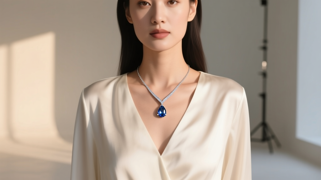 Woman in a V-neck silk blouse wearing a Y-drop necklace with gems, showing a pear-cut sapphire in a polished platinum setting.