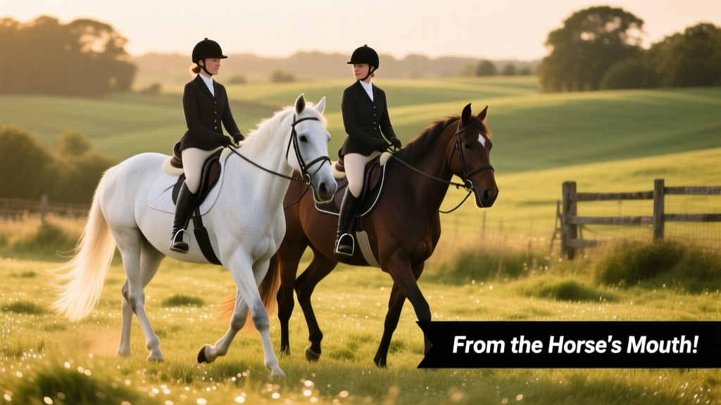 Two people in riding hats gently guiding calm horses — one white, one dark brown — in a sunlit pasture