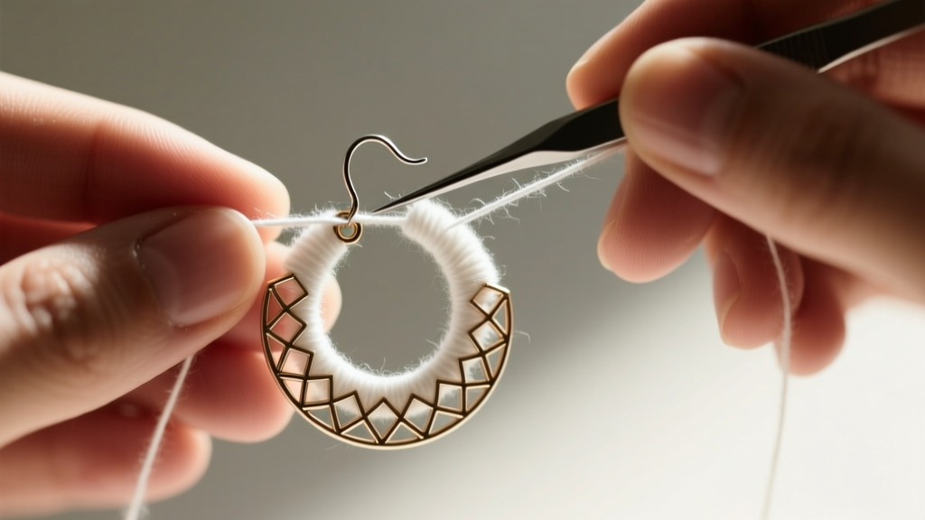 Close-up of hands using a 1.5mm steel hook to pull white cotton thread through a picot stitch on a circular earring mandala.