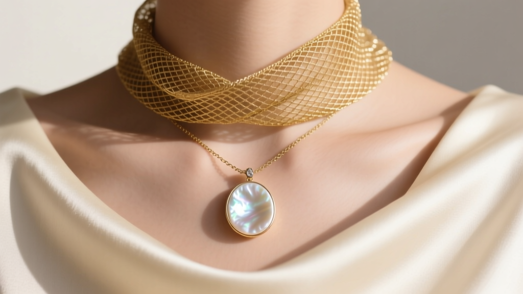 Close-up of a flexible gold mesh scarf necklace draped elegantly, featuring a dangling mother-of-pearl charm against cream silk