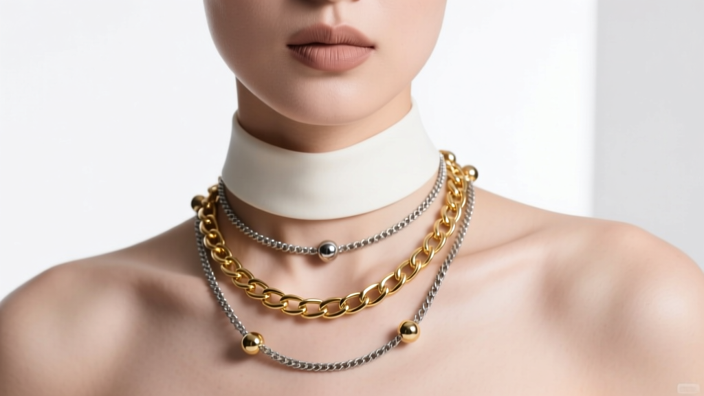 Model wearing a layered stack featuring a delicate 1mm steel ball chain and a thicker 14k gold rolo chain with spherical accents