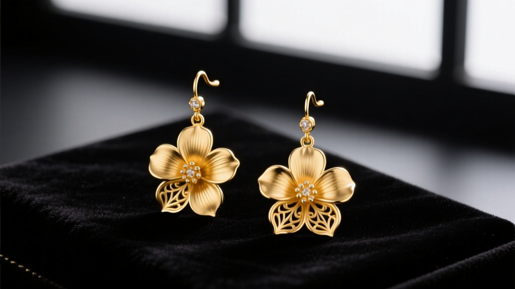 18k solid gold flower dangle earrings resting on dark velvet, soft studio lighting highlighting intricate floral petal textures