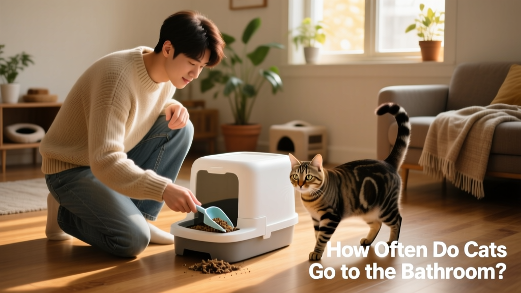 A person cleaning a litter box while a curious cat watches nearby