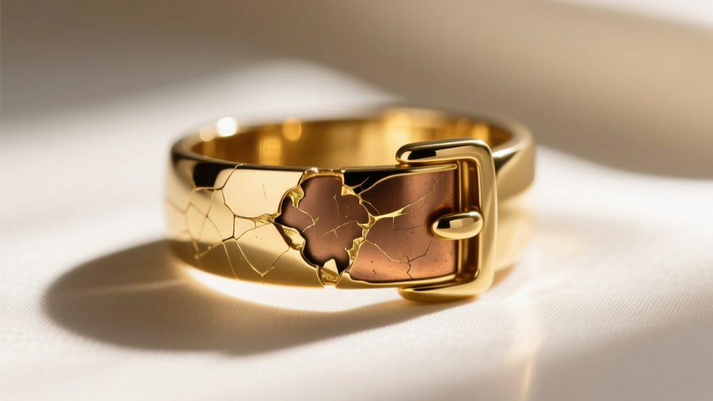 Macro shot of a jewelry clasp showing the underlying brass base metal where thin gold plating has worn away from daily friction.