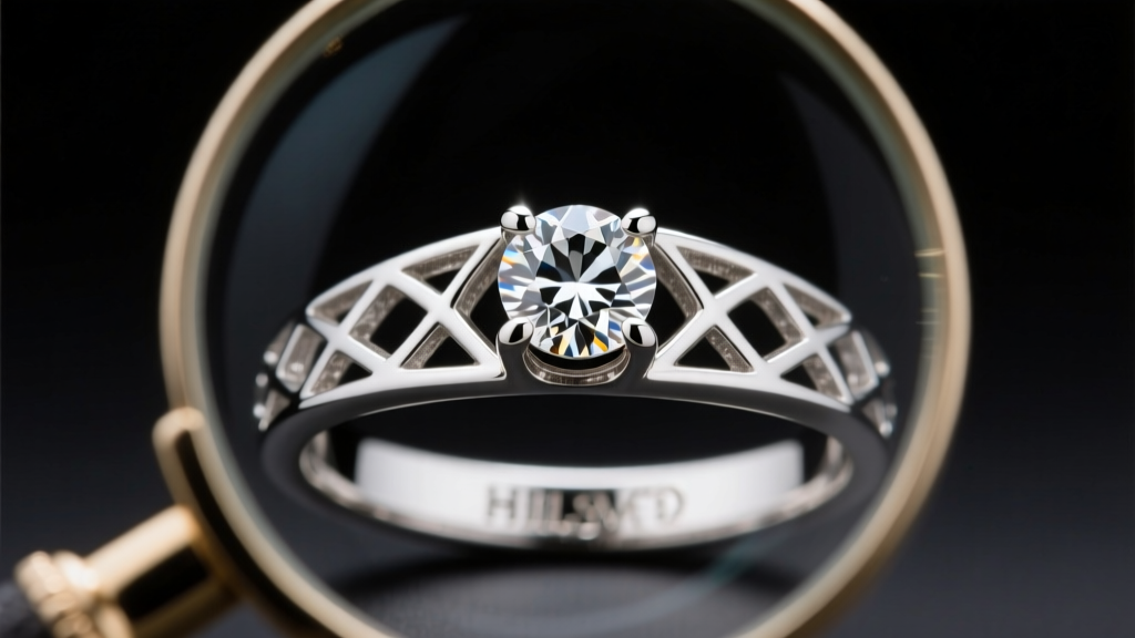 Macro shot of a loupe inspecting inner shank hallmarks of an Art Deco platinum filigree diamond ring under bright studio lighting
