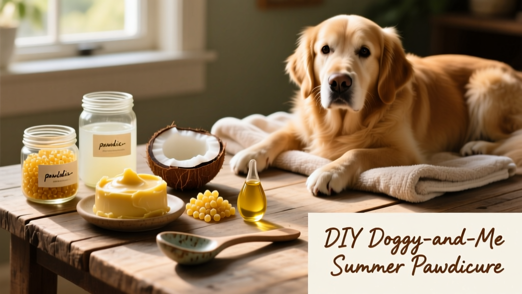 A neatly arranged collection of raw ingredients: shea butter, coconut oil, beeswax pellets, and vitamin E oil next to jars and a spoon