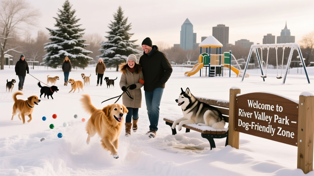 A dog-friendly park in Edmonton in the snow.