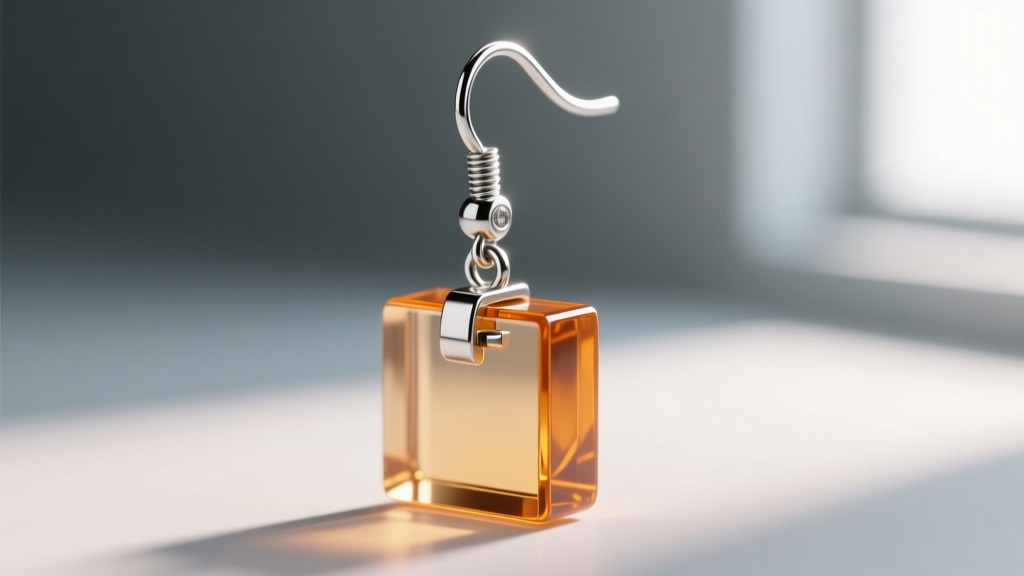 Macro shot of an 18-gauge leverback wire on an acetate square drop earring, highlighting the mechanical hinge and clasp detail