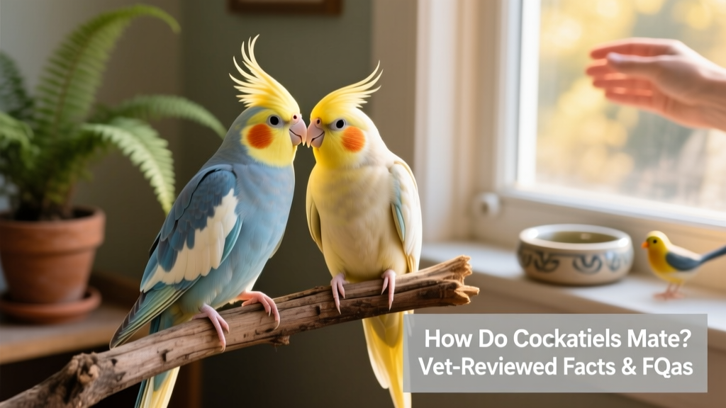 Two cockatiels perched close together, gently touching beaks and preening each other's feathers