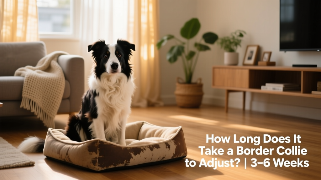 A calm Border Collie sitting beside a cozy dog bed in a sunlit living room