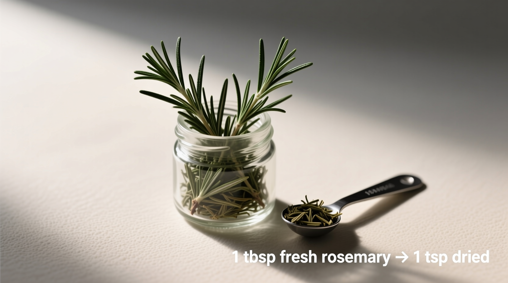 Side-by-side comparison: dried rosemary in a spice jar next to fresh sprigs on a cutting board, highlighting substitution reality during winter shortages