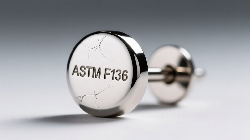 Extreme close-up of a titanium earrings stud post showing the mirror polish finish and laser-engraved ASTM F136 marking on metal