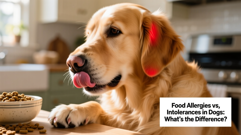Close-up of a dog licking its paw, with visible redness around the ear and muzzle