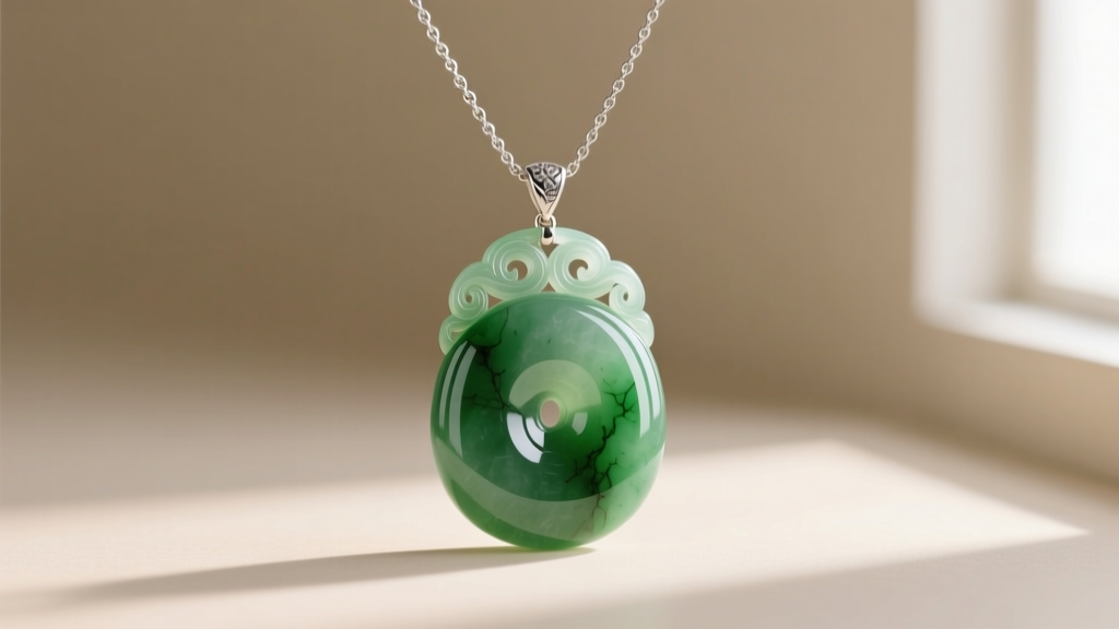 Carved Vietnamese jade pendant necklace showing natural green inclusions and polished surface against neutral beige background