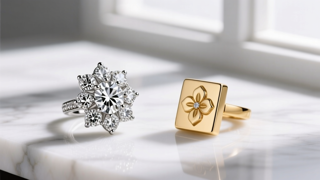 Side-by-side comparison of a luxury floral diamond earring and a budget-friendly 14k gold alternative on a white marble surface