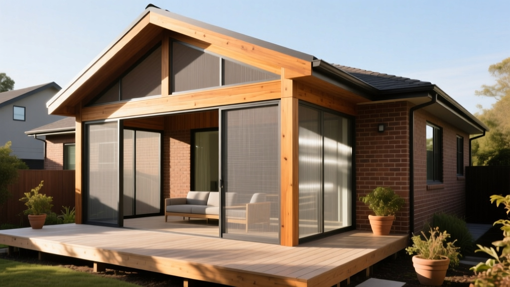 Cedar-framed screened porch with aluminum mesh, composite decking, and a gable roof tied into a brick house exterior