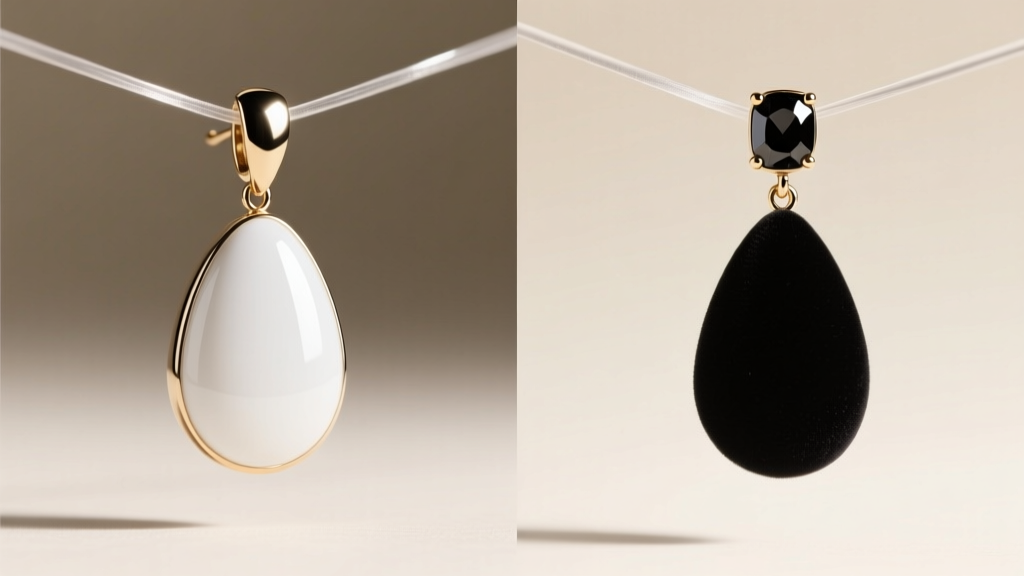 Split view of a glossy white enamel and matte black spinel drop earring pair, illuminated by soft directional studio lighting.