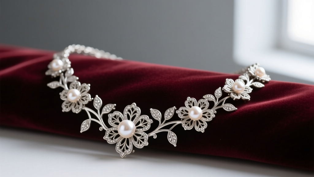 Antique platinum seed pearl floral festoon necklace on velvet, showing intricate milgrain details and openwork botanical motifs.