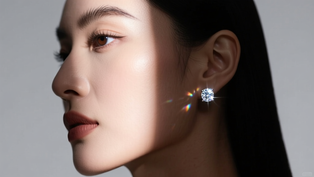 Side profile showing how a 6mm high-polish diamond earring creates a harsh jawline shadow under bright studio passport lights.