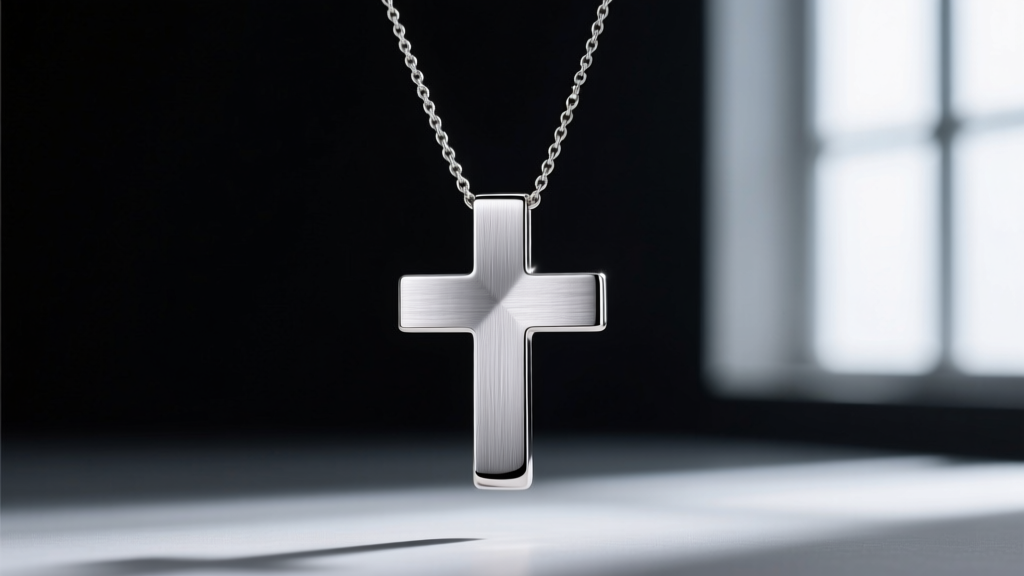 A sleek titanium pretty cross necklace with a brushed matte finish, suspended against a dark background to emphasize its texture.