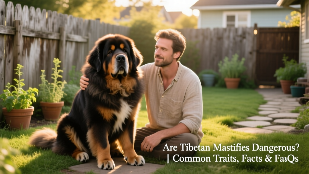 A calm, well-groomed Tibetan Mastiff sitting peacefully beside its owner in a sunlit backyard
