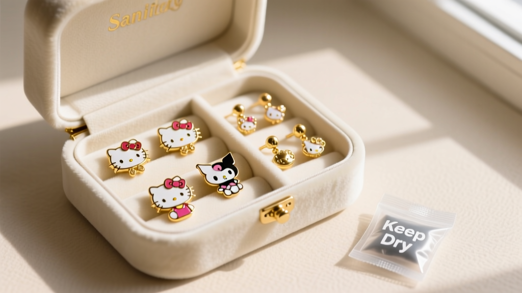 Open velvet jewelry box showing anti-tarnish fabric slots holding small gold Sanrio earrings next to a small silica gel packet.