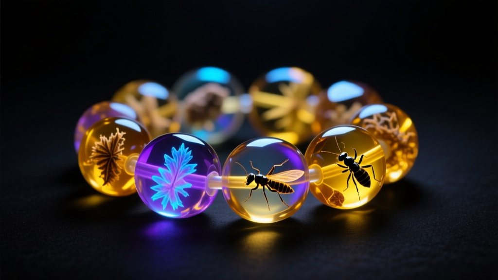 Macro shot of translucent honey amber beads with prehistoric inclusions illuminated by a UV blacklight in a dark lab setting.