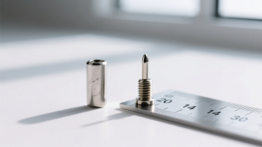 Side-by-side macro comparison of 20-gauge and 14-gauge earring posts next to a millimeter ruler, showcasing thickness differences.