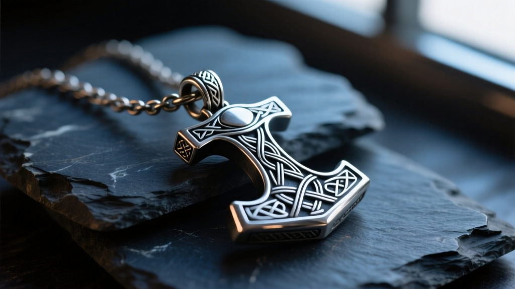Close-up of a hand-forged sterling silver Mjolnir pendant with intricate knotwork resting on dark slate, dramatic moody lighting