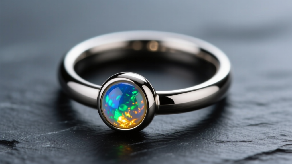 Macro shot of a polished 16-gauge titanium captive bead ring hoop earring with a 5mm opal ball resting on dark slate background