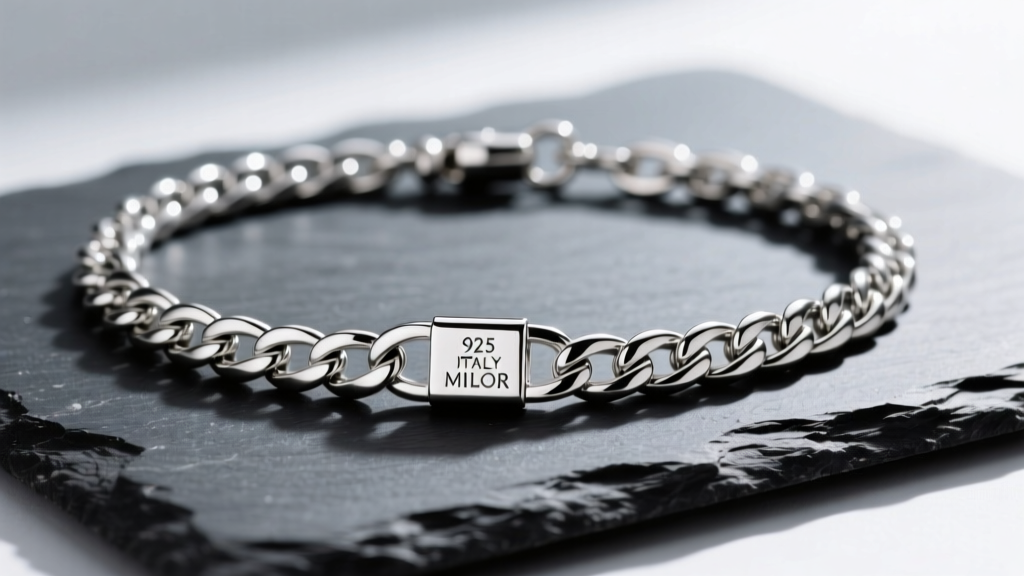 Flat lay of a 925 Italy Milor sterling silver Figaro chain necklace on dark slate, highlighting the stamped lobster clasp hallmark