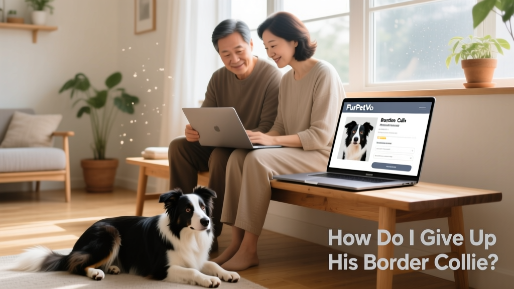 Two people reviewing a FurPetVo adoption application together on a laptop, with a Border Collie resting nearby