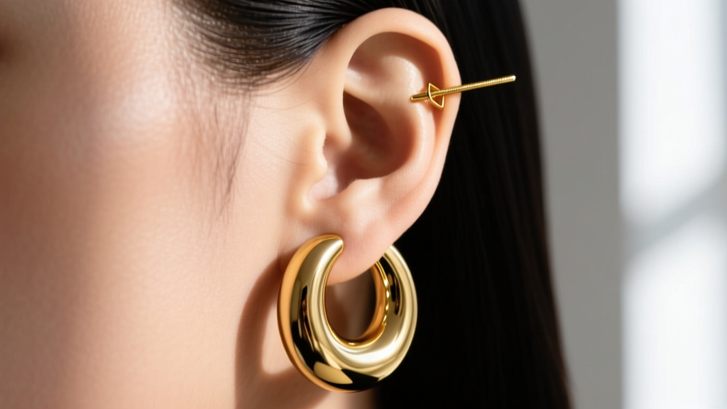 Side profile of an ear curation with a chunky liquid gold lobe hoop and a delicate 14k gold threader in the upper helix piercing