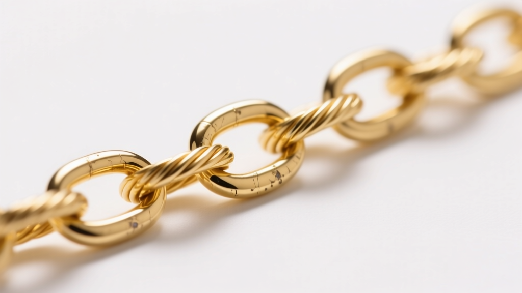 Macro view of 1mm 14k yellow gold cable chain showing interlocking oval links and subtle surface wear under bright studio lighting.