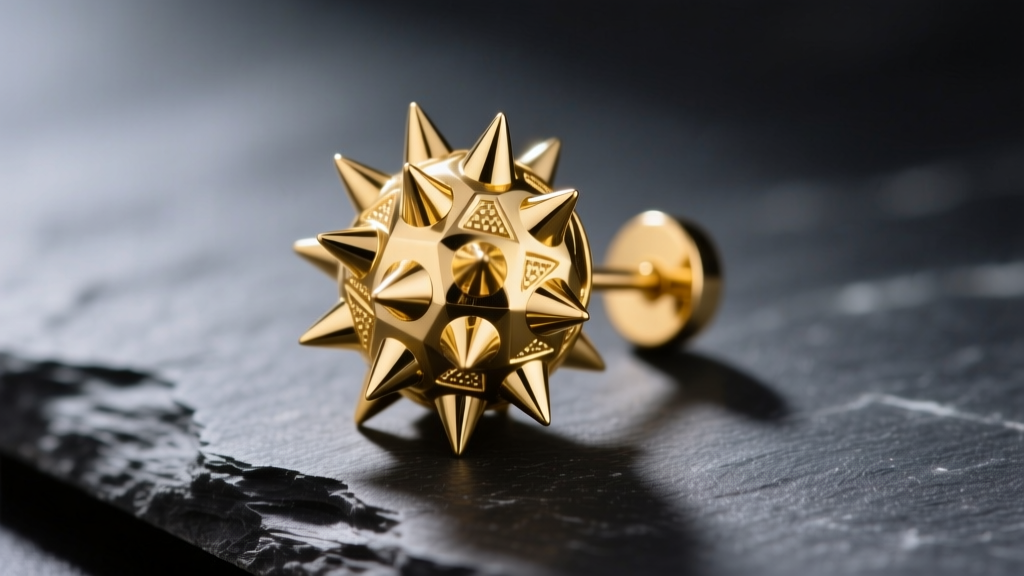 Macro shot of 18-gauge 14k yellow gold spike ball earring on dark slate, showing intricate textured metalwork and sharp spike tips