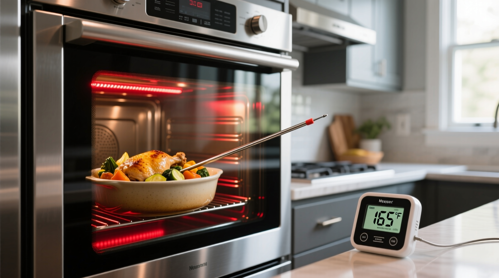 Oven reheating food with thermometer
