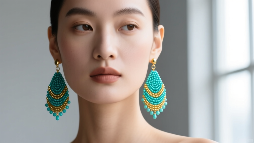 Vibrant turquoise and gold seed beaded drop earrings on a model, soft natural light highlighting the intricate bead texture and hook