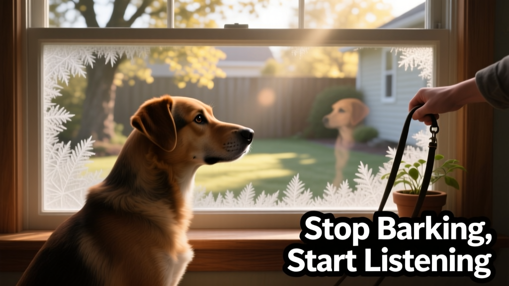 Dog looking out a window with frosted privacy film applied to the lower half