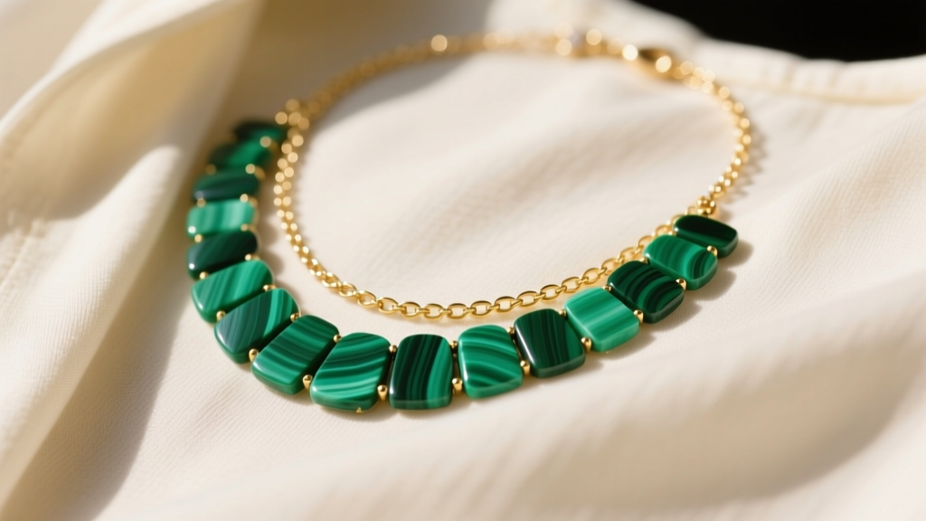Close-up of a vibrant green malachite chip necklace layered with a delicate 14k gold satellite chain on a cream linen blouse.