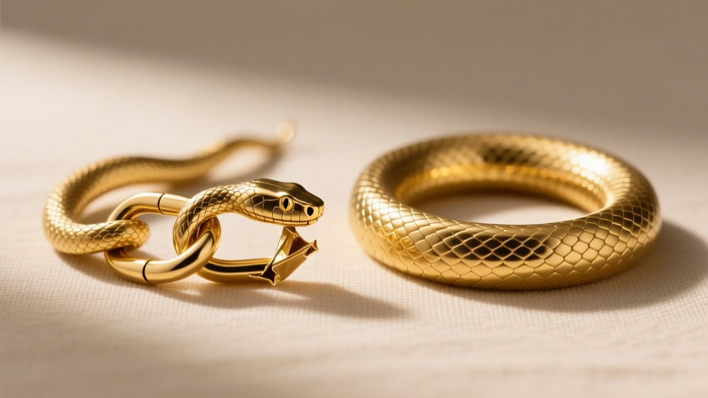 Macro view of a crushed hollow gold snake chain kink beside a solid gold snake chain keeping its perfect tubular shape.