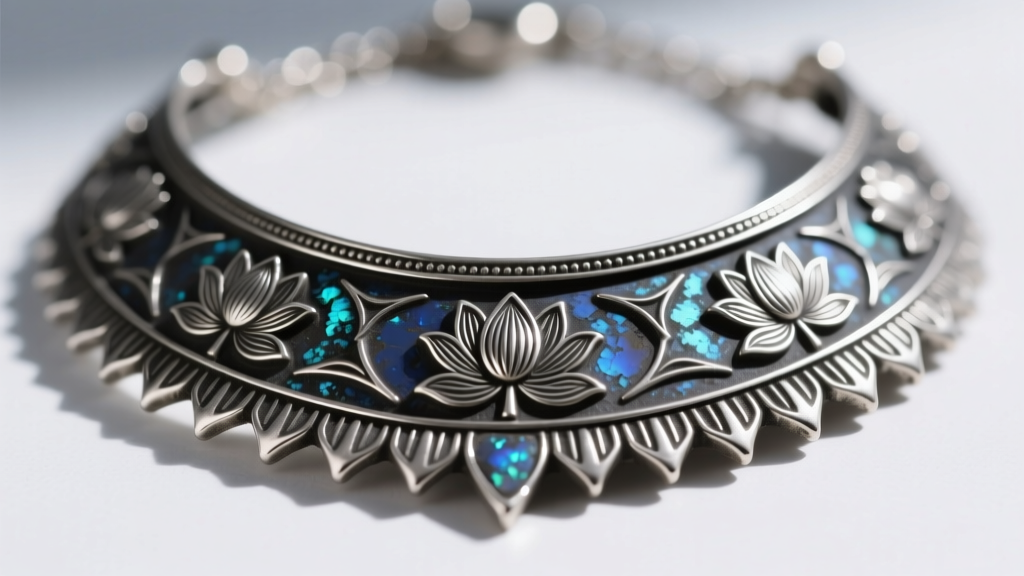 Macro shot of silver Egyptian revival bib necklace showing dark silver sulfide tarnish along stamped lotus motifs and metal edges.